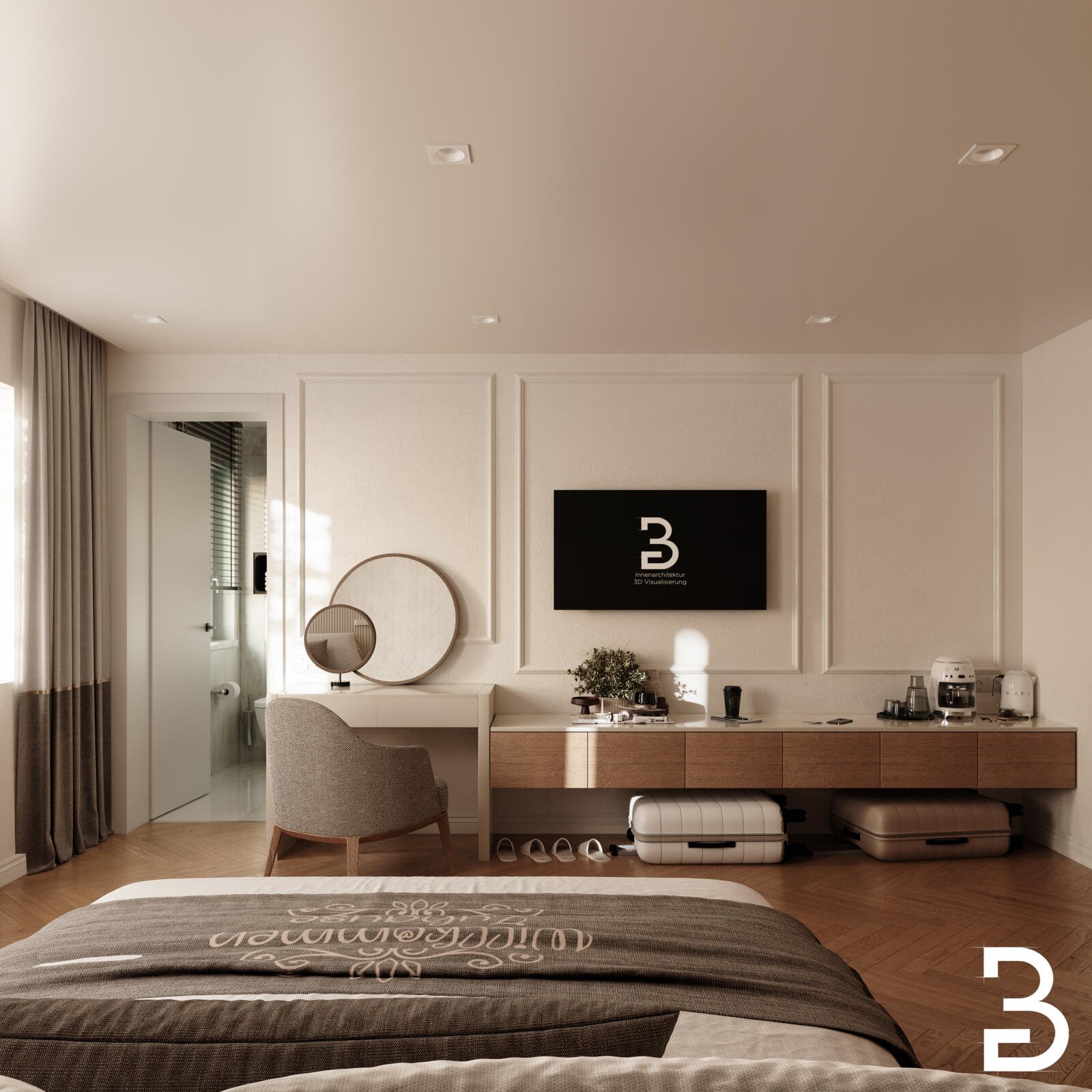 Hotel-Innenausbau Bad Soden mit TV-Wand, Schreibtisch, Spiegel und maßgefertigten Möbeln.