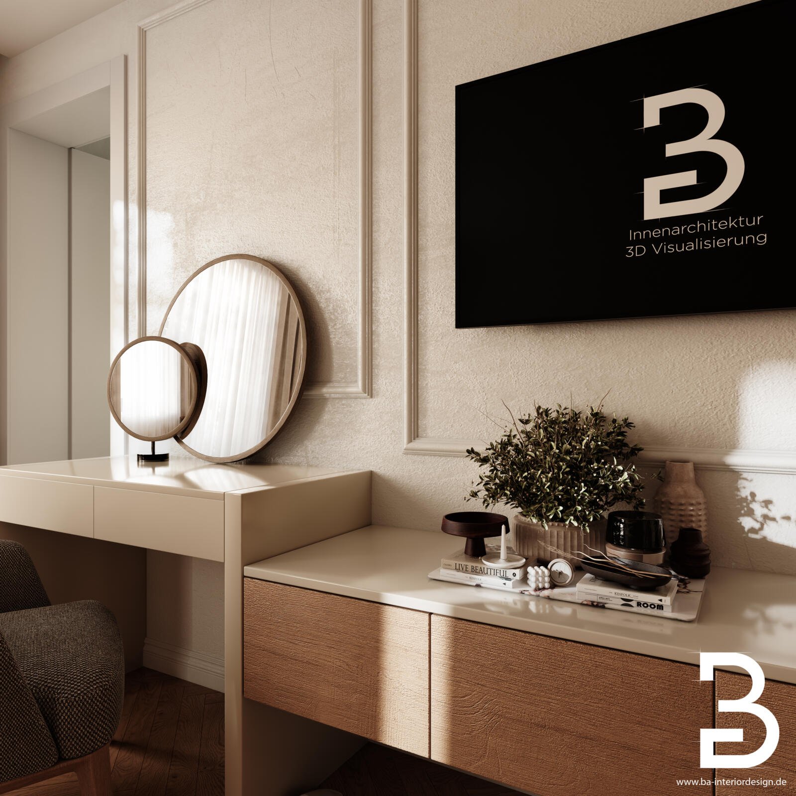 Hotelzimmer im Waldhotel Hubertus mit integriertem Arbeitsplatz, Spiegel und TV-Bereich.