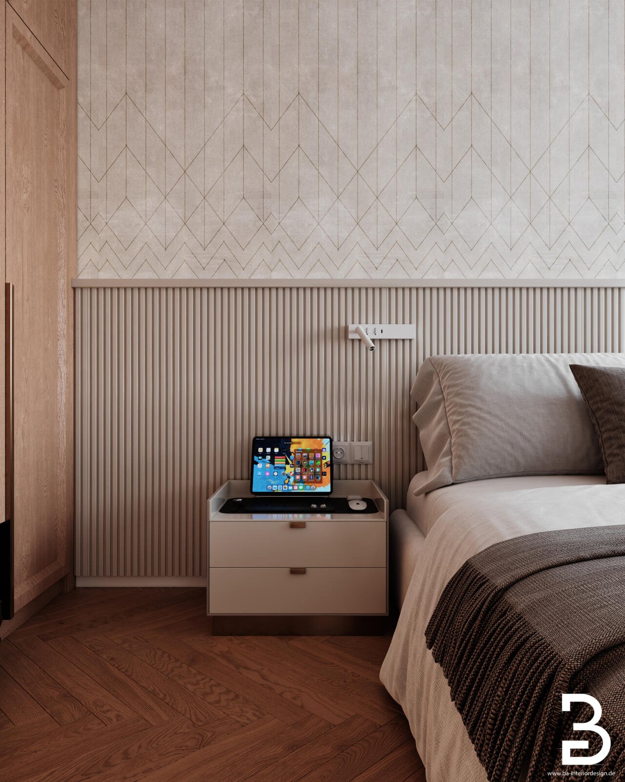 Hotel-Innenausbau Bad Soden mit TV-Bereich, Schreibtisch und funktionaler Zimmermöblierung.